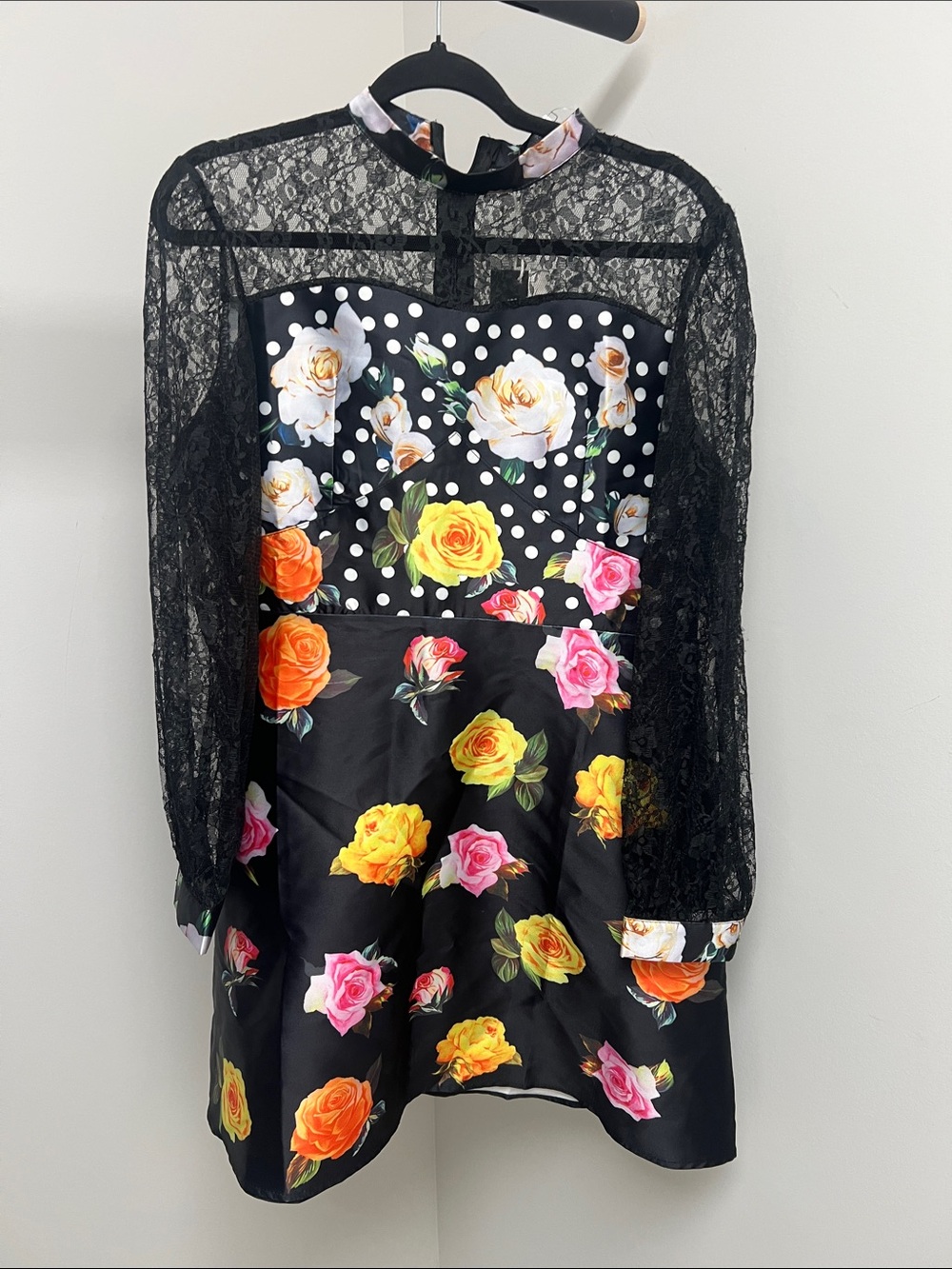 Black Floral & Polka Dot Lace Dress with Multicolor Roses